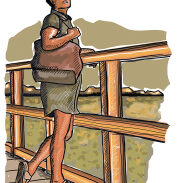 Pensionnaire sur un pont en bois