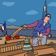 Homme à la barre d'un bateau