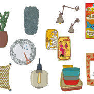 Cactus, plat, huile, bougies, coussin, boites de sardines, café