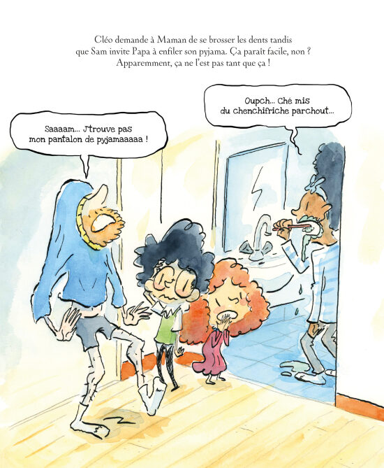Scène de famille matinale humoristique