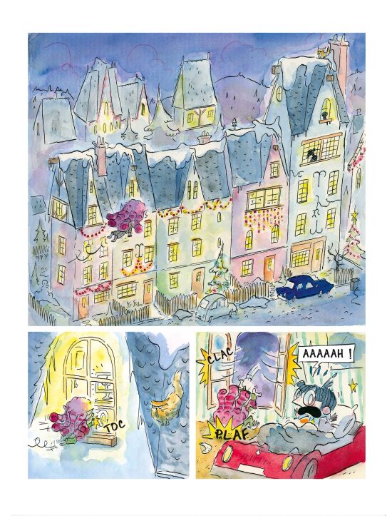 Rue de village enneigée au crépuscule