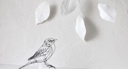Mésange 3D en fil de fer sur branche en céramique - Emilie Bredel-plasticien