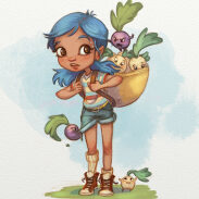 Jeune fille bleue avec sac à dos de légumes