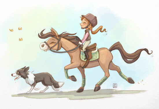 Enfant à cheval avec un chien