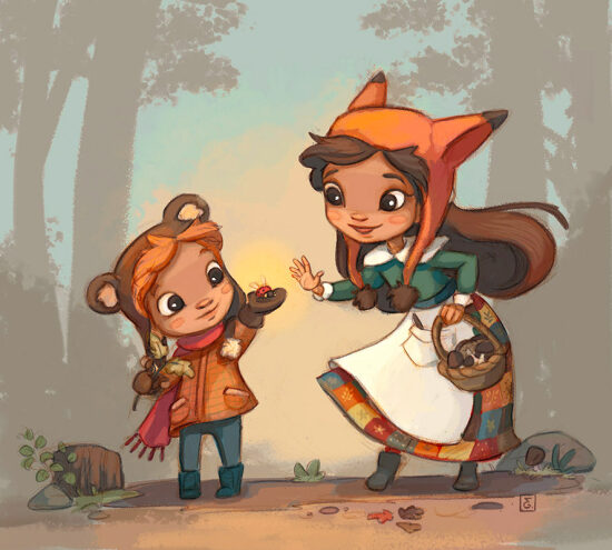 Une femme en coiffure de renard déposant un objet dans la main d'un enfant en coiffure de souris