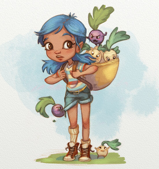 Jeune fille bleue avec sac à dos de légumes