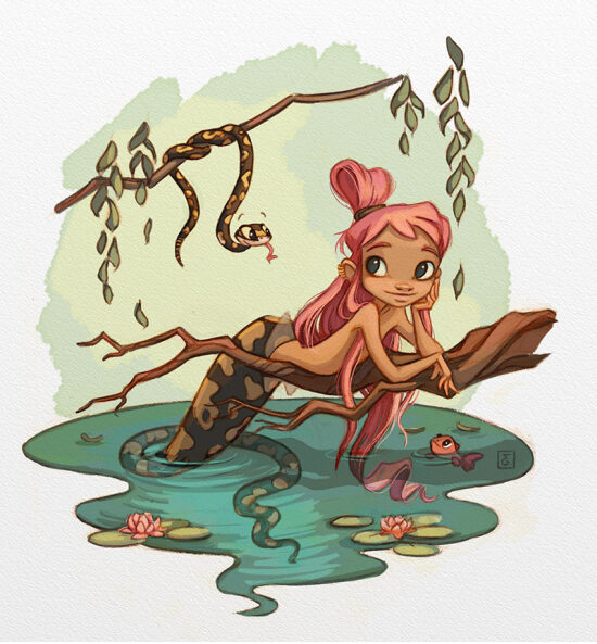 Fille et serpent dans un étang