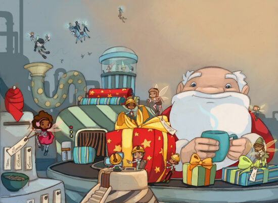 Sant Claus et les anges en train de préparer les cadeaux