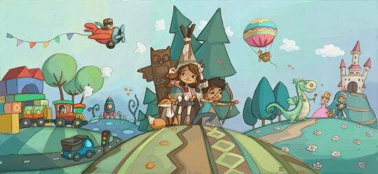 Paysage féerique avec personnages