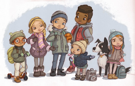 Groupe de jeunes enfants enneigeux