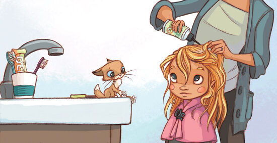 Fille se faisant coiffer avec un chat
