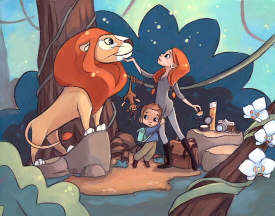 Femme et lion dans la forêt