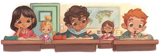 Enfants à leur bureau d'école