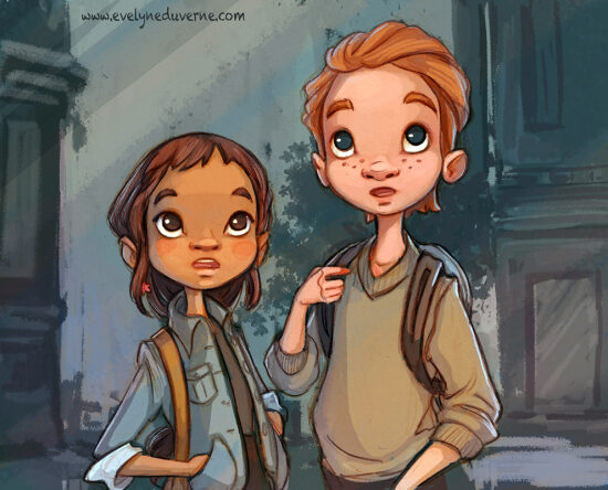 Enfants admirant un paysage urbain