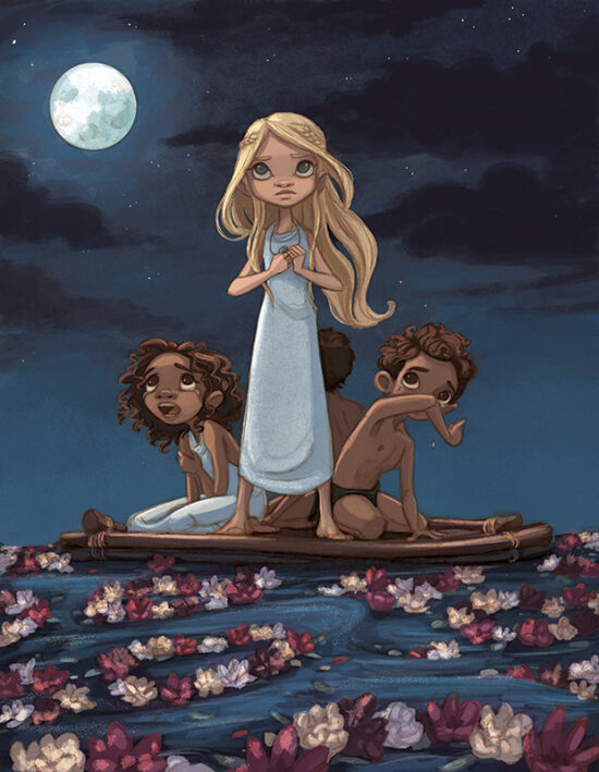 Enfants sur un radeau sous la lune