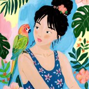 Femme avec un perroquet et des fleurs