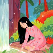Femme au bord d'une source