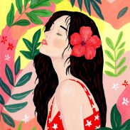 Femme tropicale en robe rouge