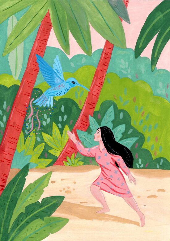 Femme dans la jungle avec un oiseau