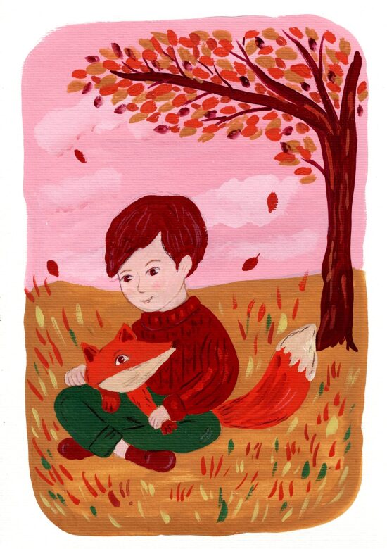 Enfant et renard dans un paysage automnal