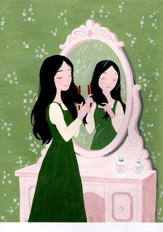 Femme dans un miroir avec accessoires