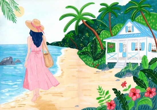 Plage tropicale avec cabane blanche