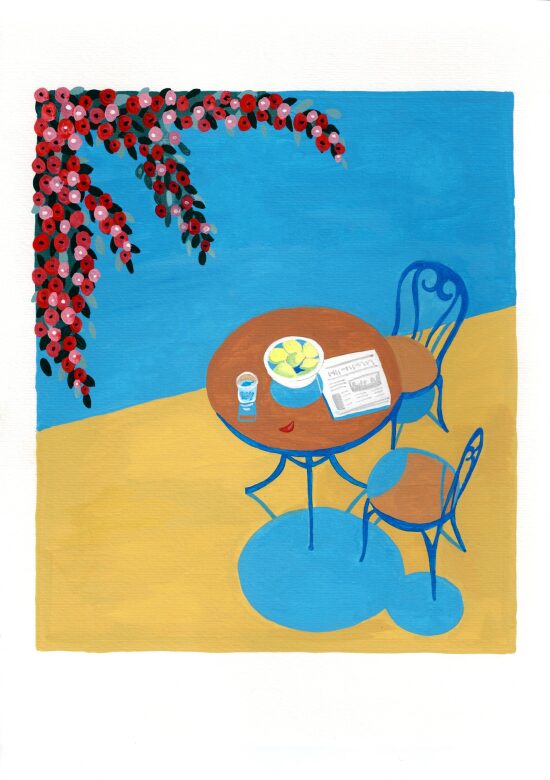 Terrasse ensoleillée avec table ronde