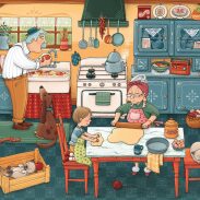 Scène de cuisine familiale animée
