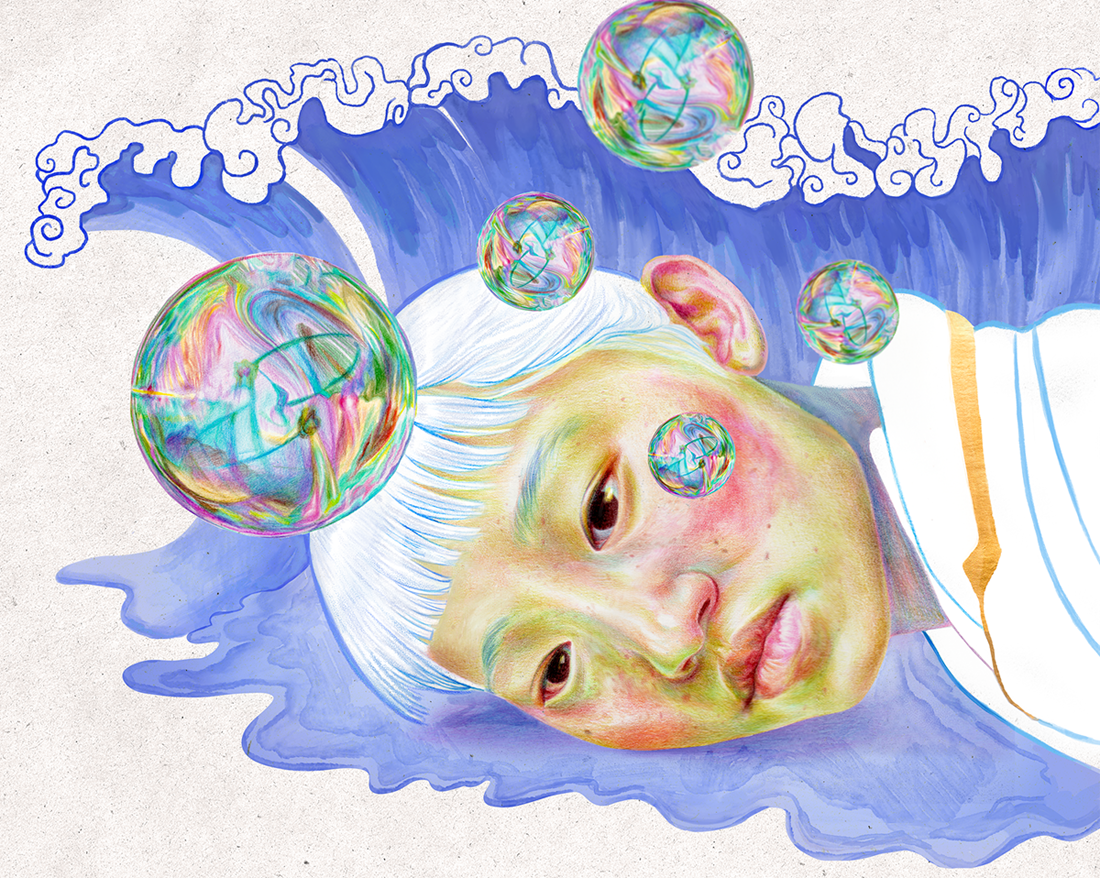 Vague, crayons de couleur, gouache, digital. Visage inspiré d'un portrait de Cho Gi Seok