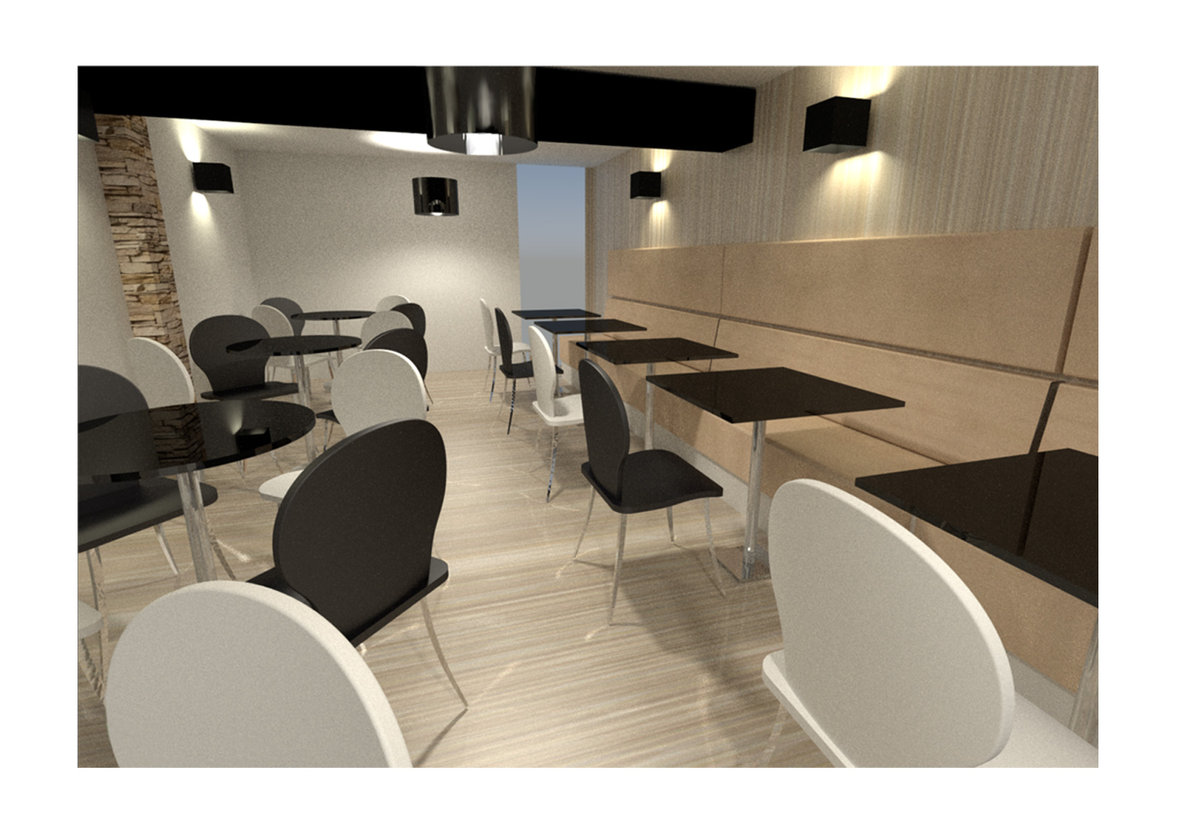 Black and cream colours for a welcoming and uncluttered atmosphere. Table and seat arrangement provides a better flow.<br/><span></span>