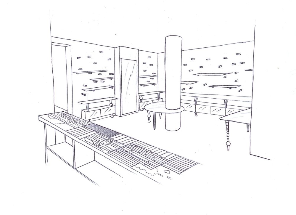 Rough sketch proposition for the shelf layout. Retained proposition.<br/><span></span>
