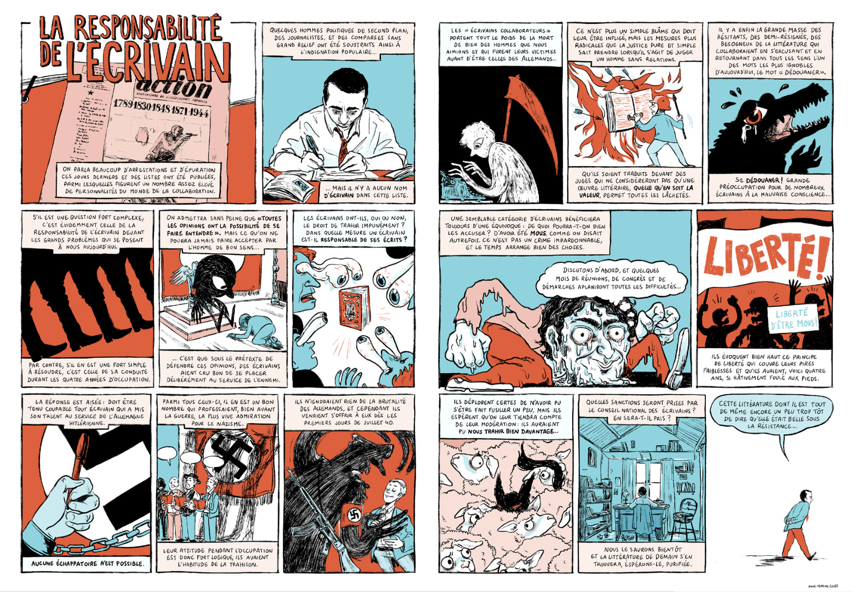 La responsabilité de l’écrivain, planches réalisées pour ALCA Nouvelle-Aquitaine et le projet « Auteurs d’hier pour Bande dessinée d’aujourd’hui », d’après un texte de Louis Parrot, 2020