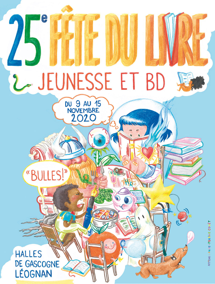 Affiche pour la 25e Fête du livre Jeunesse et BD de Léognan, 2020