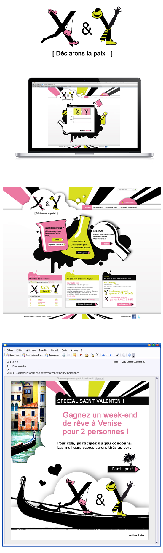 X & Y : Concept, design site et newsletter. Projet visant à présenter sur la toile une plateforme d'échanges entre hommes et femmes sur un ton ludique et décalé.