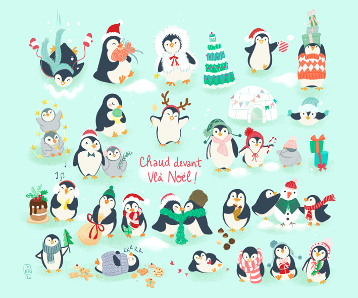 Noël pingouin, illustration pour carterie, papeterie et articles décoratifs  - éditions des Correspondances