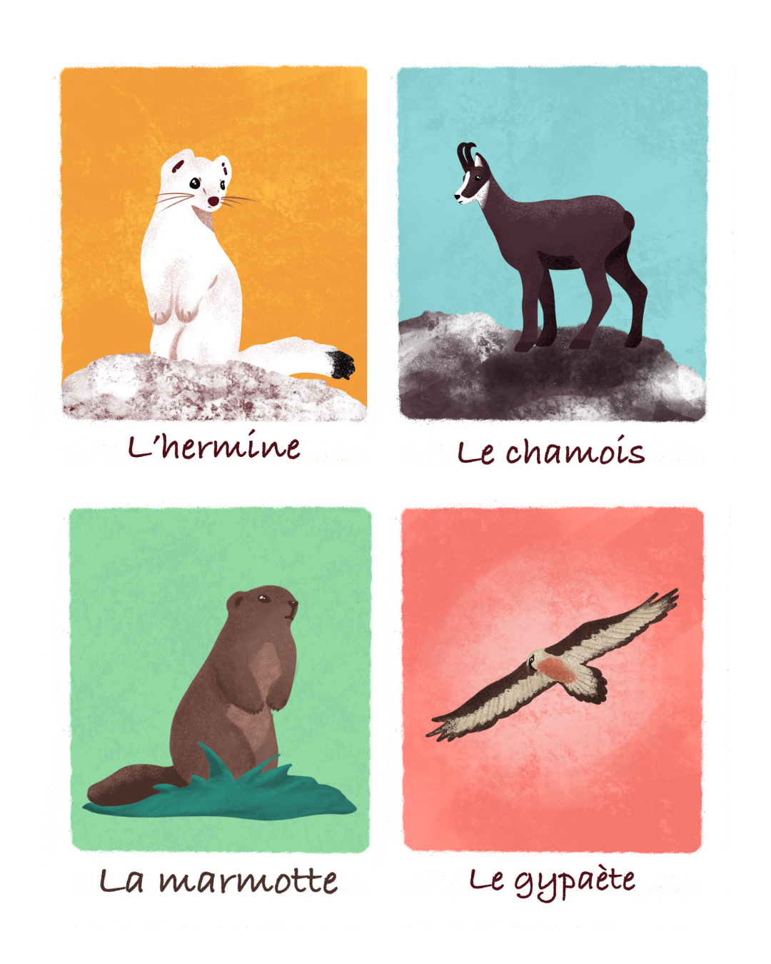 Cartes illustrées d'animaux de montagne