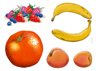 Orange, Bananes, Abricots, Fruits Rouges