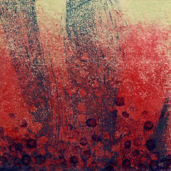 Le chant de l'eau - fond rouge et vert (2023) - 10x10 cm - monotype