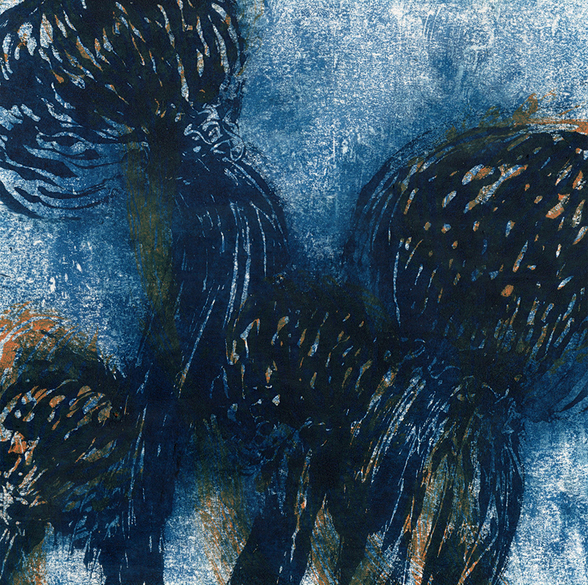 Méduses - fond bleu (2023) - 21x21 cm - monotype