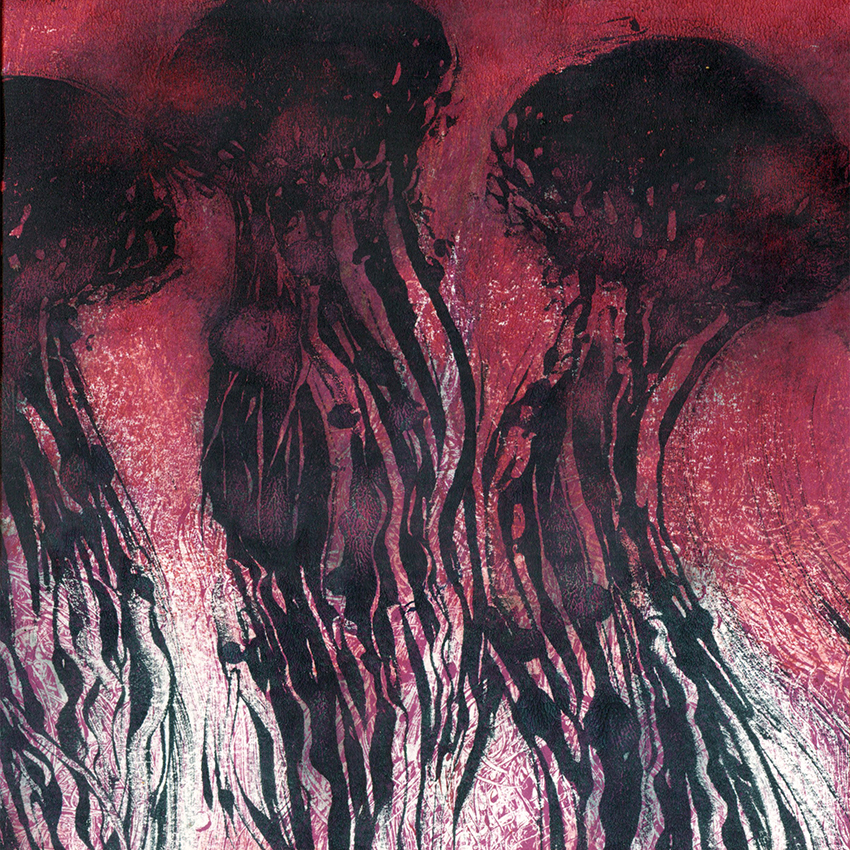 Méduses - fond rouge (2023) - 21x21 cm - monotype