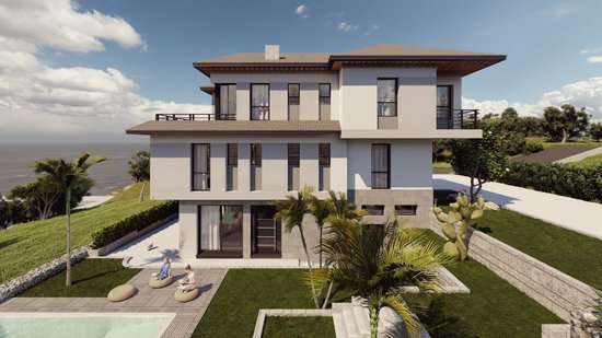 REAR ELEVATION WITH THE GARDEN AND SWIMMING POOL