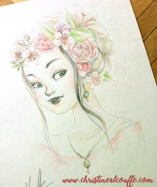 Fille à la couronne de fleurs - Dessin personnel