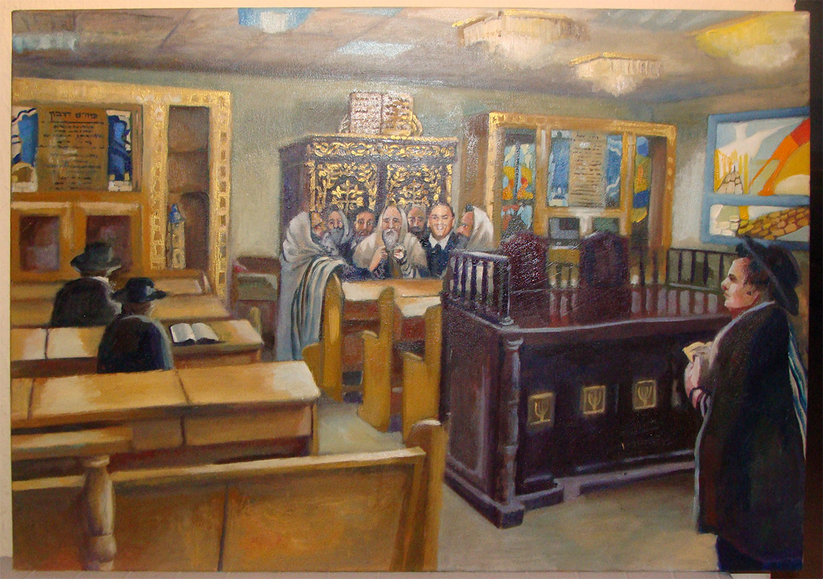 Oil on Canvas Paitning by Ana Kogan of Synagogue Ceremony