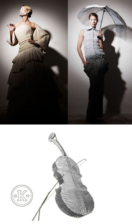 PHOTOSHOOT - Styliste (Eric Bilien) - Londres<br/><span>Fabrication des accessoires - masque, parapluie et violon réalisés en grillage - Photo shoot pour Creat'Europe (concours de mode) - Londres, 2008</span>