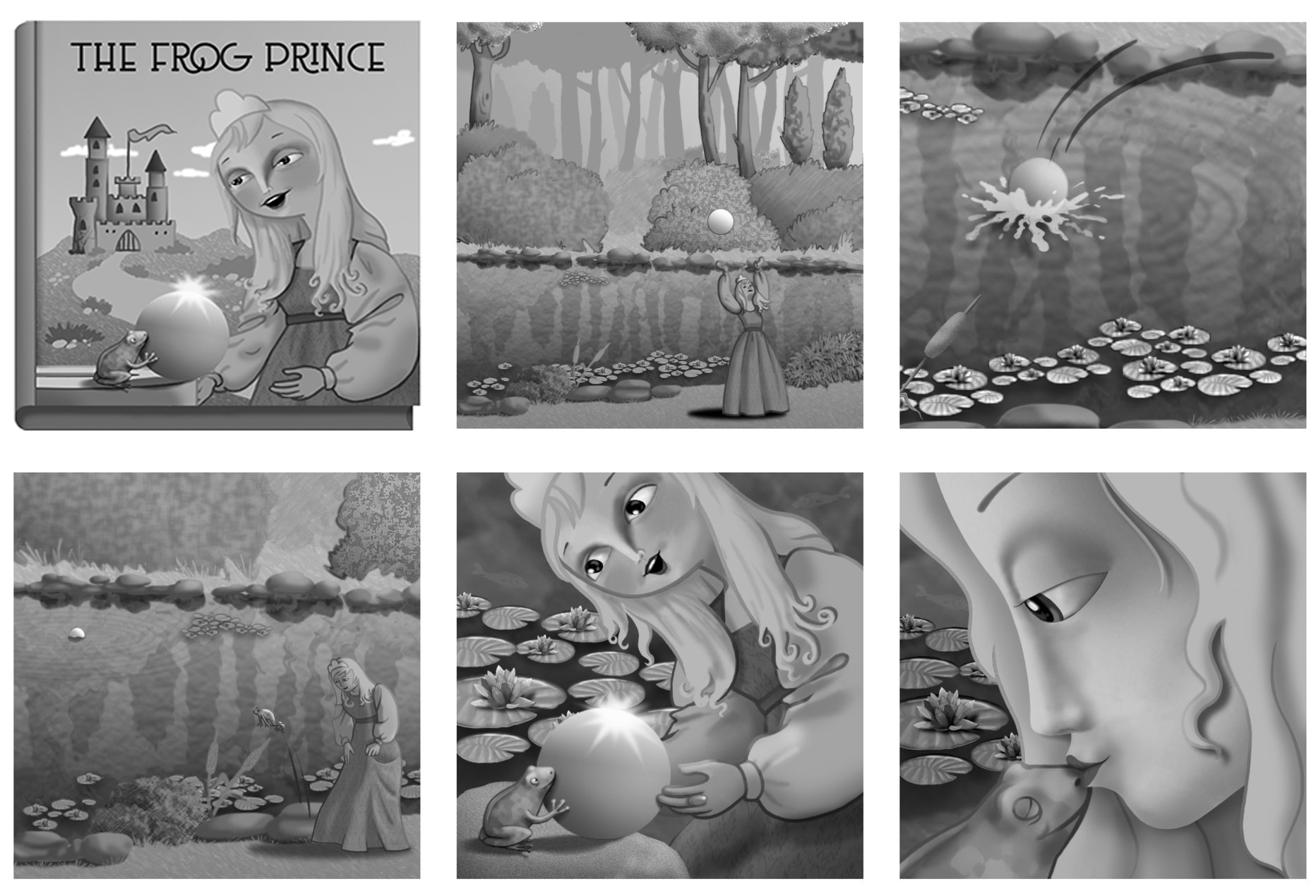 THE FROG PRINCE. Story in grayscale for an educational book. Publisher: Pearson Education.