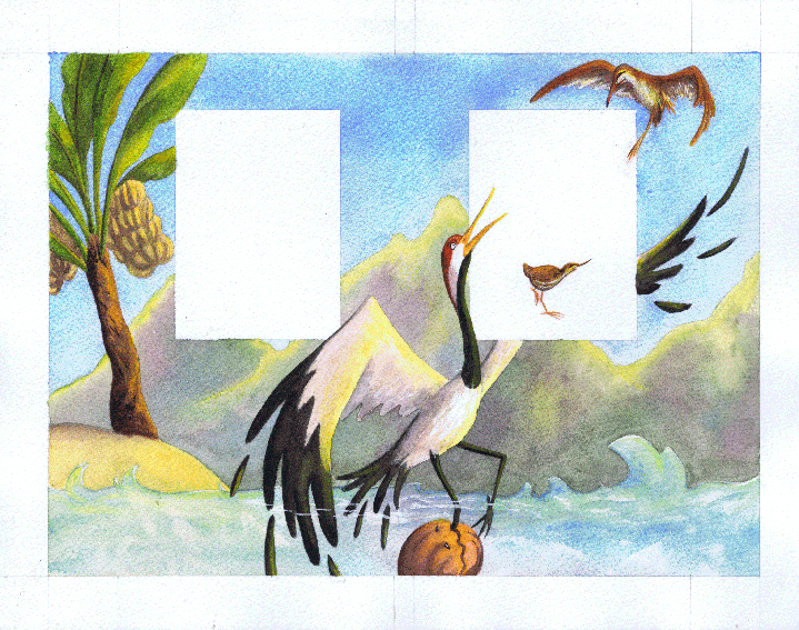1ère et 4ème de couverture d'un conte des îles Foudji<br/><span>aquarelle</span>