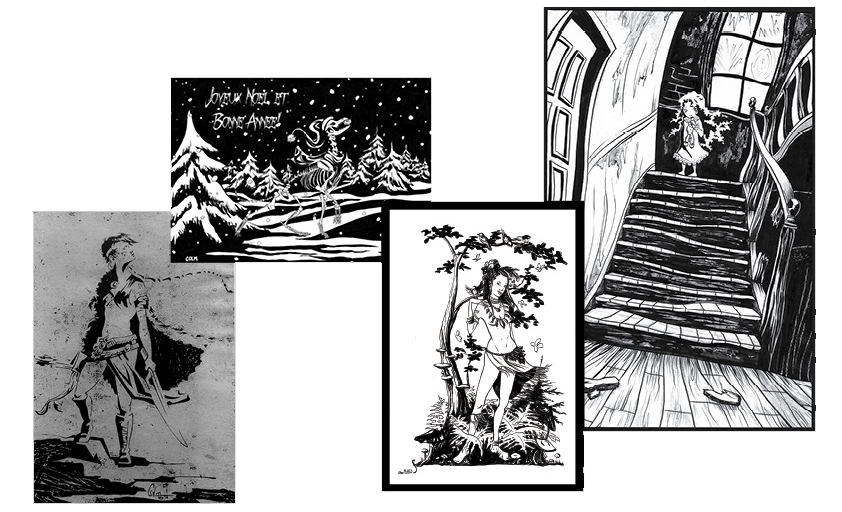 Illustrations noir et blanc<br/><span>De gauche à droite:
Artemis (linogravure: peinture blanche sur feuille noir)
carte de Noël (encre)
Fille indienne (encre)
Maison Hantée (encre)</span>