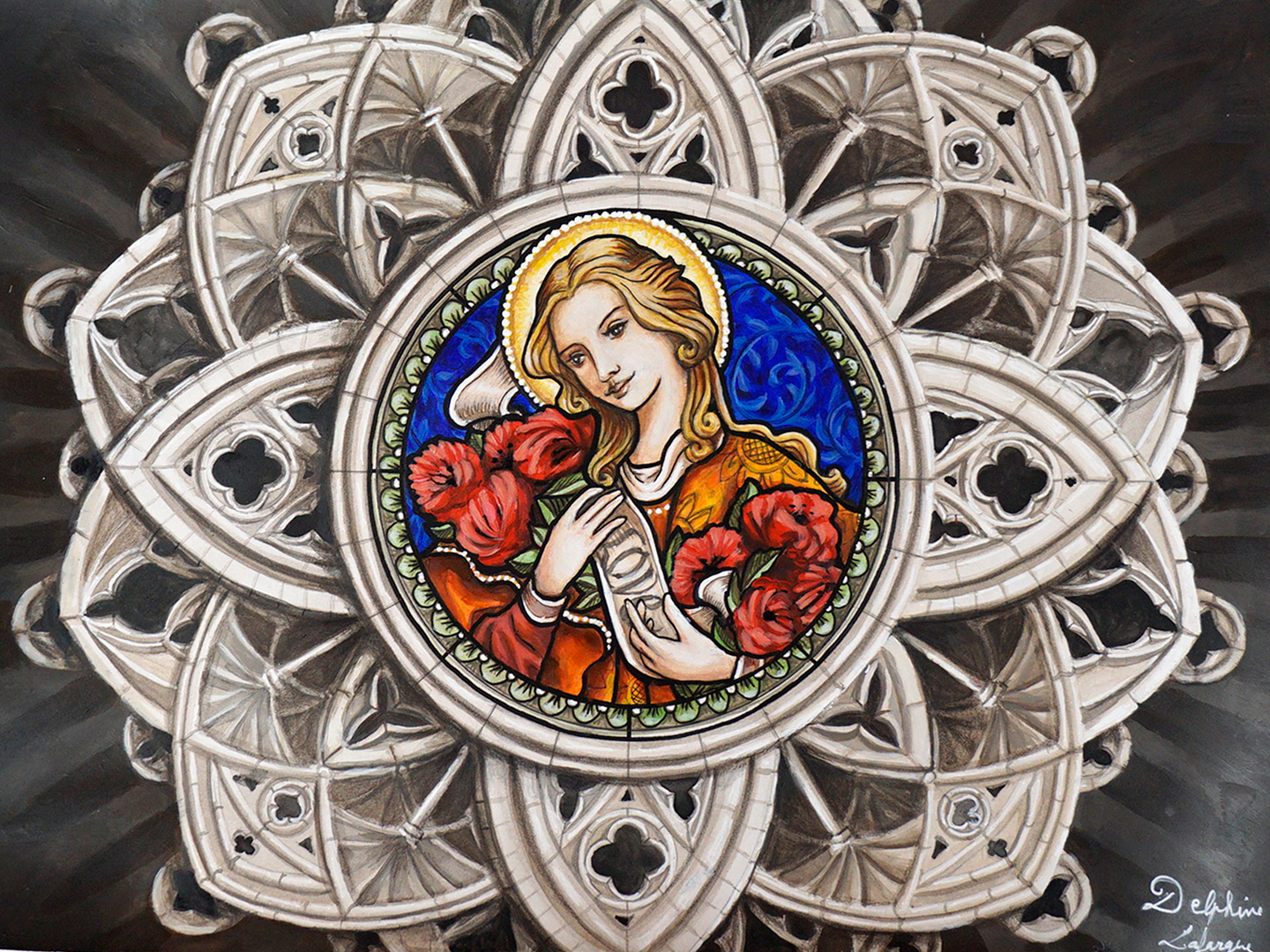 Mandala église - vitrail - Peinture sur papier