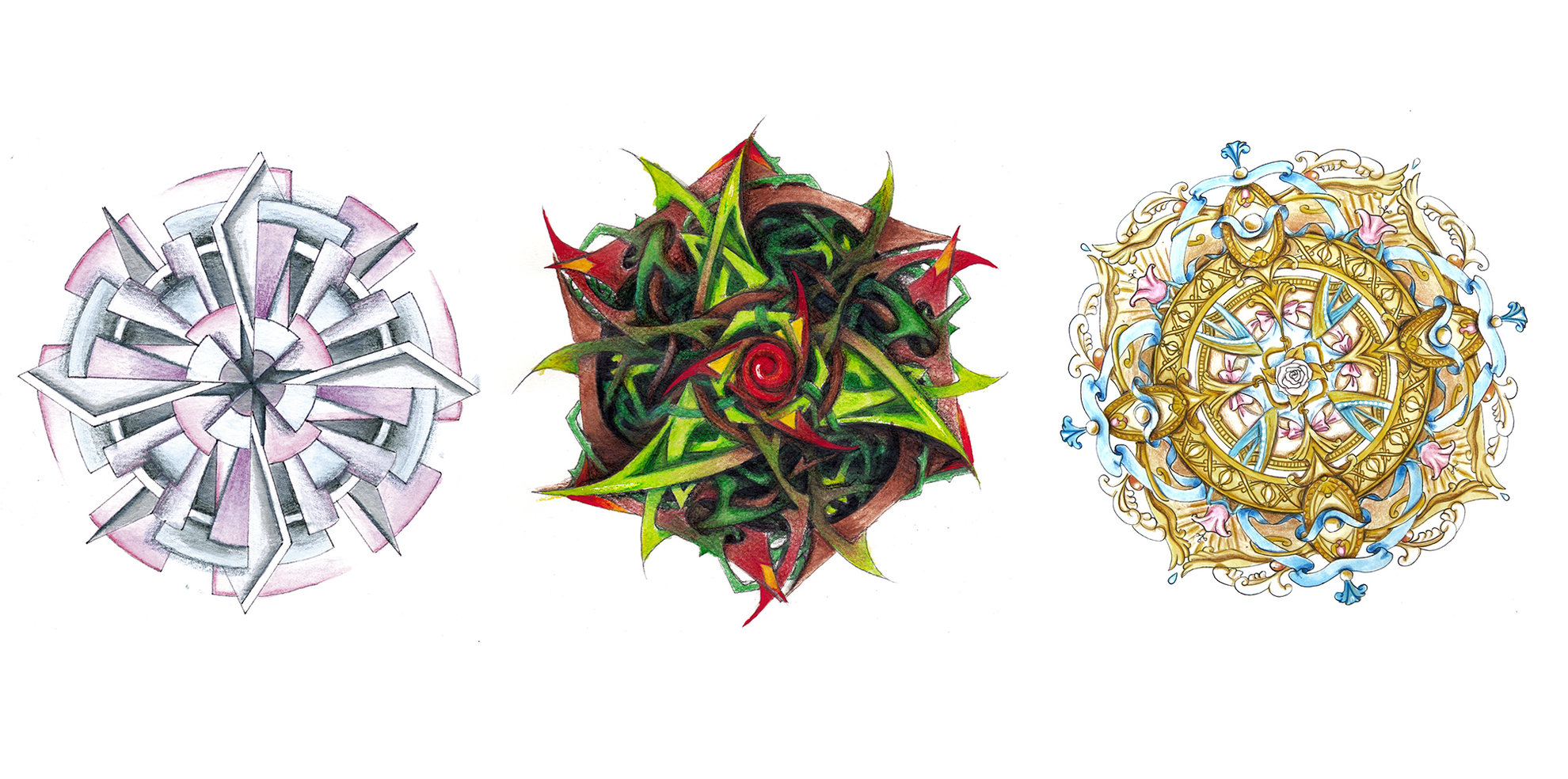 Mandala futuriste, rose, Versailles - Crayons aquarellables sur papier