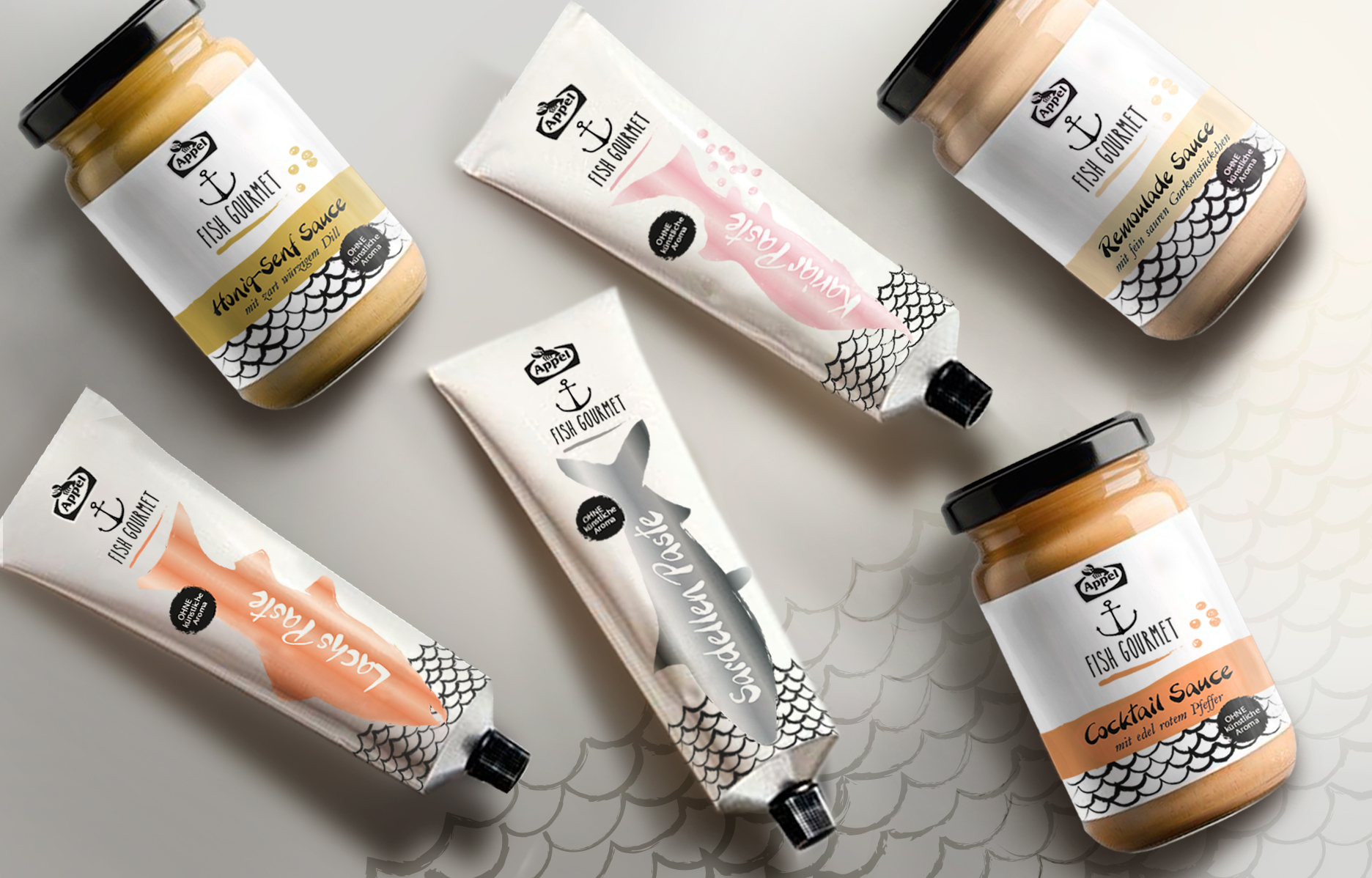 Concept design Packaging - Graphisme et illustration - pâte de poissons en tube et sauces pour plats de poissons